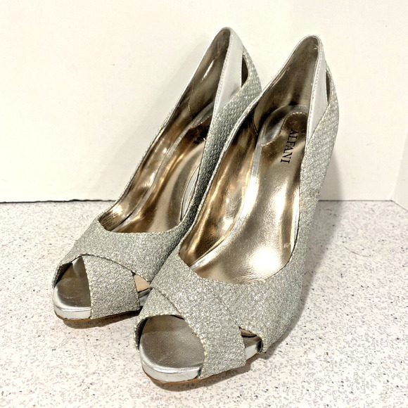 Alfani Lyrra Dressy Silver Pumps US size 5.5 Open Toe Glittery Metallic Finish - Picture 1 of 9